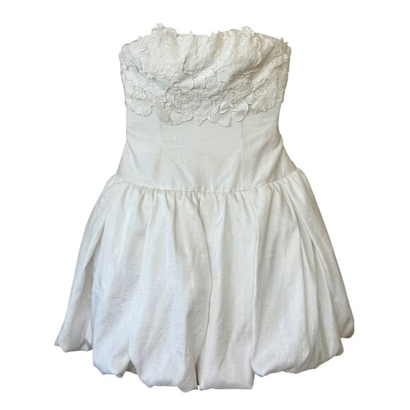 BHLDN x Anthropologie Strapless Floral Applique Bubble Hem White Mini Dress - Picture 15 of 16
